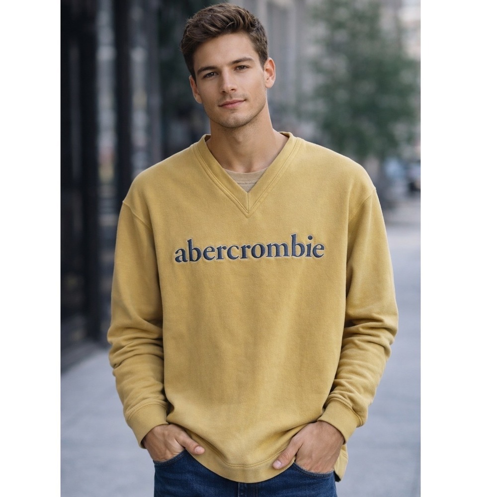 Abercrombie‎ & Fitch Mustard Yellow V Neck Long Sleeve Sweatshirt Men's S